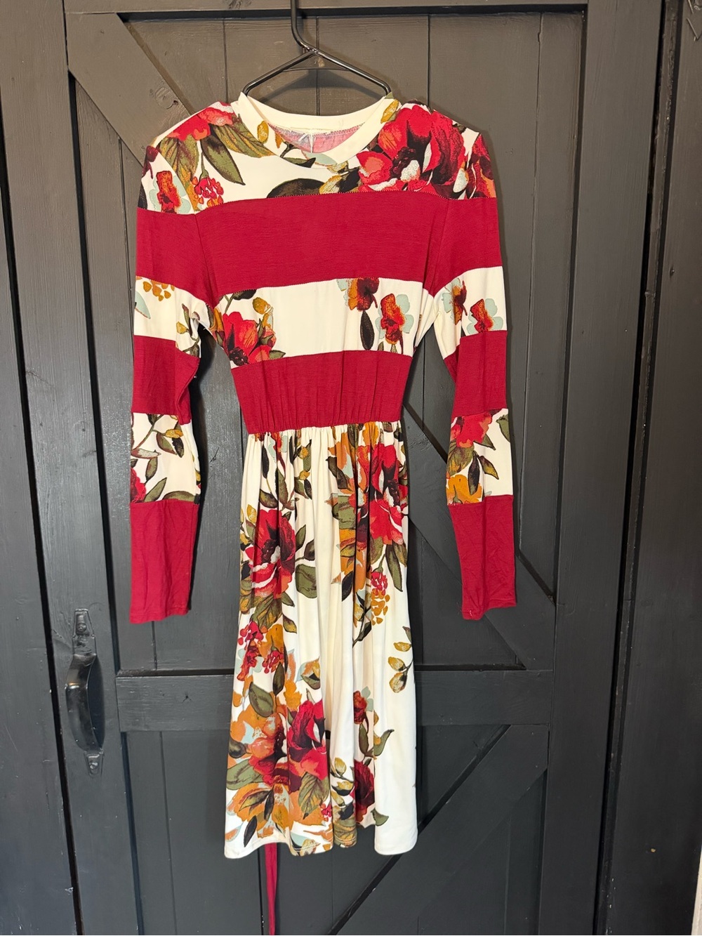 Women's Long-Sleeve Floral Stripe Midi Dress in Red and Cream